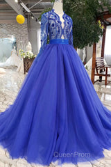 Blue Long Sleeves V Neck Tulle Evening Prom Dresses with Beading