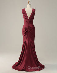 Burgundy Mermaid V-Neck Long Glitter Evening Prom Dresses With Pleating