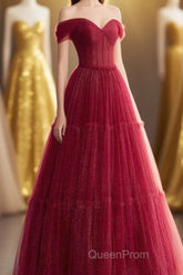 A-line Sweetheart Neck Tulle Burgundy Long Evening Prom Dresses, Off Shoulder Burgundy Formal Dresses