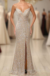 Silver Sequins Long Evening Prom Dresses with Slit