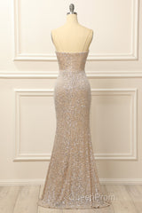 Silver Sequins Long Evening Prom Dresses with Slit