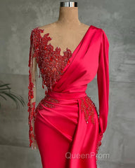 Gorgeous Red Long Sleeve Mermaid Evening Dresses Lace Appliques Evening Prom Gown Ruffles