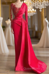 Gorgeous Red Long Sleeve Mermaid Evening Dresses Lace Appliques Evening Prom Gown Ruffles