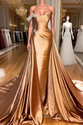 Chic One Shoulder Beaded Mermaid Evening Prom Dresses With Court Train