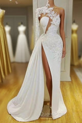Gorgeous One Shoulder Long Sleeve Evening Prom Dresses With Lace Appliques Side Slit