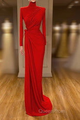 Glamorous High Neck Long Sleeve Red Evening Prom Dresses Long With Split