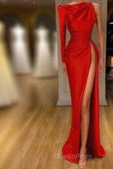 One-shoulder Long sleeves High-split Soft pleated Red Evening Prom Dresses