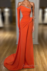 Long sleeves Strapless Orange Sequined Long Evening Prom Dresses