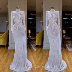 Sparkle White Sequin Long sleeves Pleated Long Evening Prom Dresses