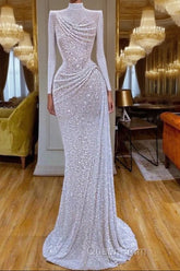 Sparkle White Sequin Long sleeves Pleated Long Evening Prom Dresses