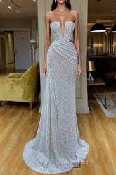 Plunging V-neck Sparkle White Sequined Strapless Evening Prom Dresses