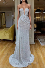 Plunging V-neck Sparkle White Sequined Strapless Evening Prom Dresses