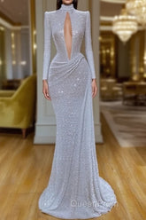 Stunning Long Sleeve High Neck Sequins Evening Prom Dresses Mermaid Long