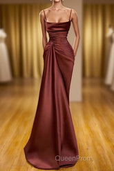 Burgundy Spaghetti-Straps Mermaid Ruffles Evening Prom Dresses Long