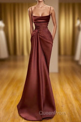 Burgundy Spaghetti-Straps Mermaid Ruffles Evening Prom Dresses Long