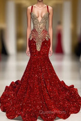 Red Sequins Mermaid Evening Prom Dresses Sleeveless With Crystal