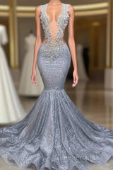 Silver Sequins Mermaid Evening Prom Dresses Long With Beads