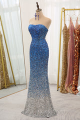 Sparkly Ombre Blue Mermaid Strapless Long Sequin Evening Prom Dresses