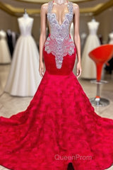 Charming Long Mermaid Jewel Satin Beading Evening Prom Dresses Red Formal Gowns