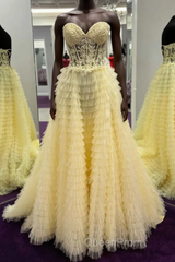 Cute Sweetheart Lace Appliques Tulle Long Evening Prom Dresses