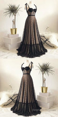 Vintage Polka Dots Spaghetti Straps Black Long Prom Dress