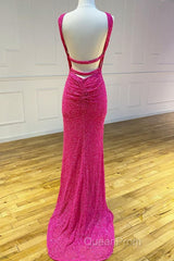 Cross Front Hot Pink Sequins Mermaid Long Formal Dresses