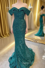 Off the Shoulder Burgundy Sequins Mermaid Long Formal Dresses