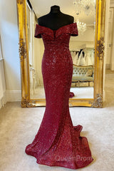 Off the Shoulder Burgundy Sequins Mermaid Long Formal Dresses