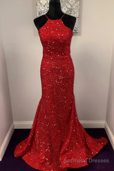Halter Mermaid Red Sequins Long Dress