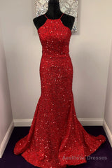 Halter Mermaid Red Sequins Long Dress