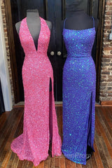 Simply Red Sequin Mermaid Long Evening Prom Dresses with Slit