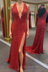 Simply Red Sequin Mermaid Long Evening Prom Dresses with Slit