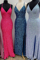 Sparkle Mermaid Sequin Long Evening Prom Dresses with Slit