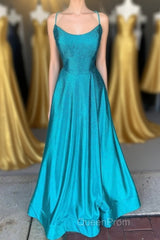 Spaghetti Straps Beaded Teal Blue A-line Long Formal Dresses
