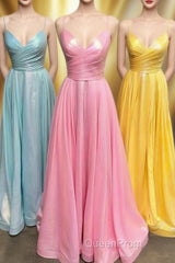 Simple A-line Pleated Spaghetti Straps Long Evening Prom Dresses
