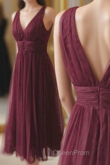 V-neck Sleeveless Tulle Mid length Evening Prom Dresses, Homecoming Dresses