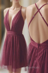 Deep V-neck Spaghetti Straps Sleeveless Tulle Short Evening Prom Dresses, Homecoming Dresses