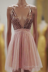 Deep V-neck Spaghetti Straps Sleeveless Sequins Short Evening Prom Dresses, Homecoming Dresses