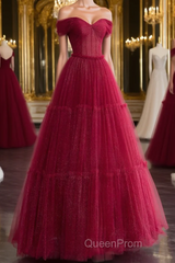 Burgundy A-line Off Shoulder Tulle Shiny Long Evening Prom Dresses