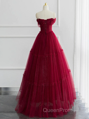 Burgundy A-line Off Shoulder Tulle Shiny Long Evening Prom Dresses