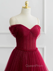 Burgundy A-line Off Shoulder Tulle Shiny Long Evening Prom Dresses