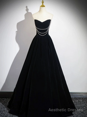 Black A-Line Velvet Long Prom Dress Formal Party Dress