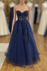 Dark Navy Long A-line Tulle Lace Backless Formal Evening Prom Dresses