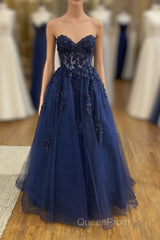 Dark Navy Long A-line Tulle Lace Backless Formal Evening Prom Dresses