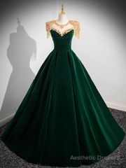 Dark Green Velvet Prom Dress Vintage Gold Beaded Neckline Evening Gown
