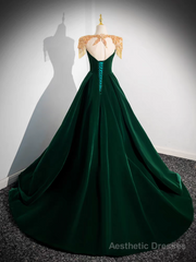 Dark Green Velvet Prom Dress Vintage Gold Beaded Neckline Evening Gown