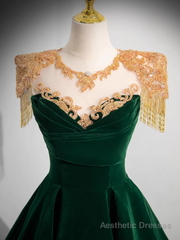 Dark Green Velvet Prom Dress Vintage Gold Beaded Neckline Evening Gown