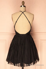 Deep V Neck Short Black Tulle Homecoming Dress