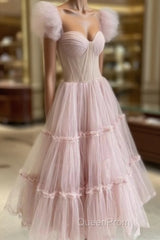 Dusty Rose Teried Tulle Tea Length Evening Prom Dresses
