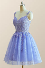 Straps Periwinkle Lace Appliques A-line Short Dresses